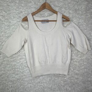 ROI‎ Womens Cold Shoulder Sweater Cream Knit 3/4 Sleeve Scoop Neck Casual Top